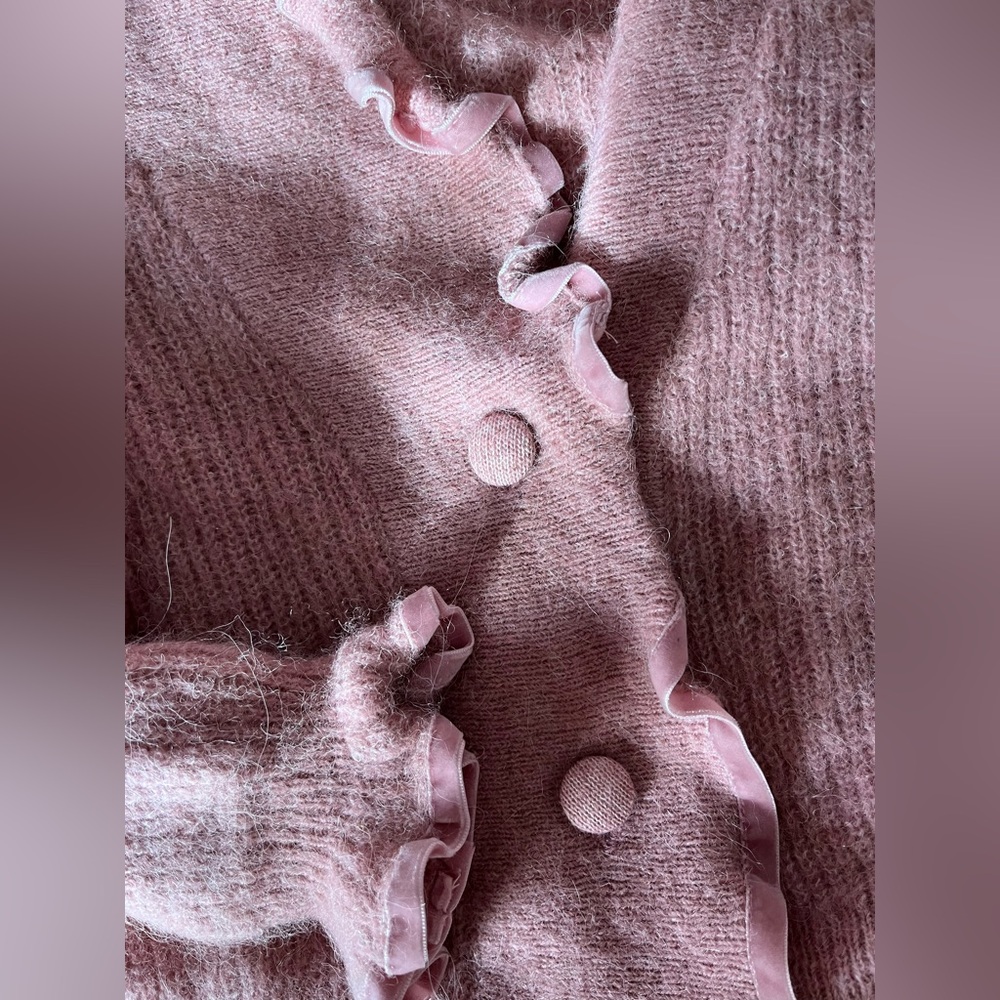 Zara Pink Alpaca Wool Knitted Cardigan Sweater with Velvet Trim Romantic size M - Picture 4 of 7